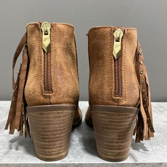 Fergie Bennie Tan/Brown Suede Leather Fringe Beaded Ankle Boots/Booties Size 6.5 - Picture 8 of 16